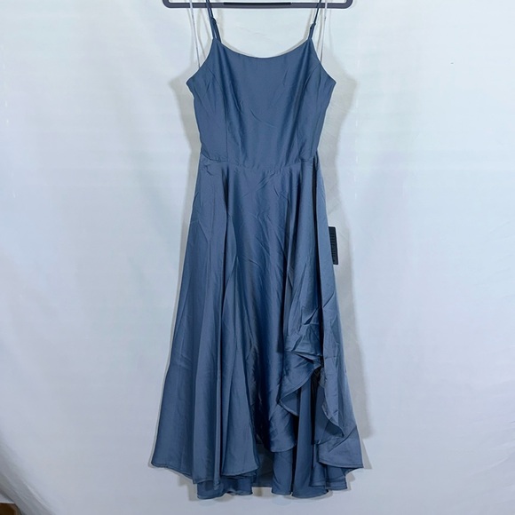 Lulus Days Like Today Blue Satin Asymmetrical Tie-Back Midi Dress - Picture 5 of 8